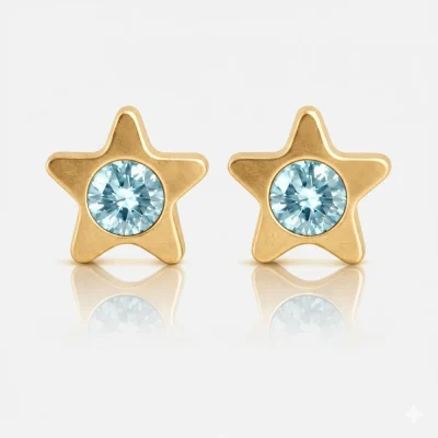 Altın Kaplama Cerrahi Çelik Kulak Delme Küpesi - Starlite Aquamarine Alerji Yapmayan